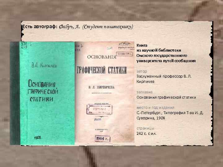 Есть автограф: Фабръ, А. (Студент политехникъ) Книга из научной библиотеки Омского государственного университета путей