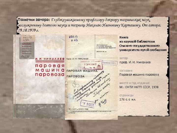 Пометки автора: Глубокоуважаемому профессору доктору технических наук, заслуженному деятелю науки и техники Николаю Ивановичу