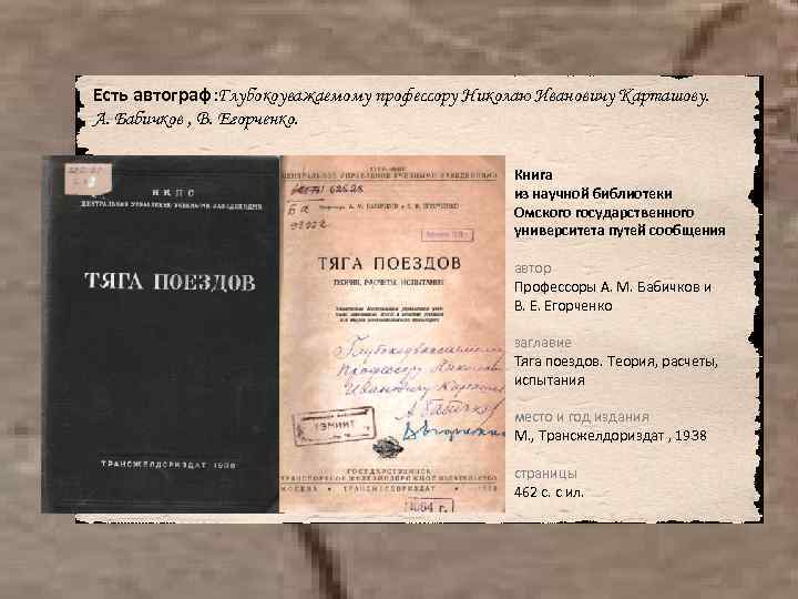 Есть автограф: Глубокоуважаемому профессору Николаю Ивановичу Карташову. А. Бабичков , В. Егорченко. Книга из