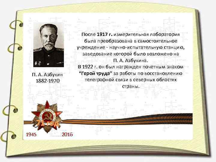 П. А. Азбукин 1882 -1970 71 год 1945 2016 После 1917 г. измерительная лаборатория