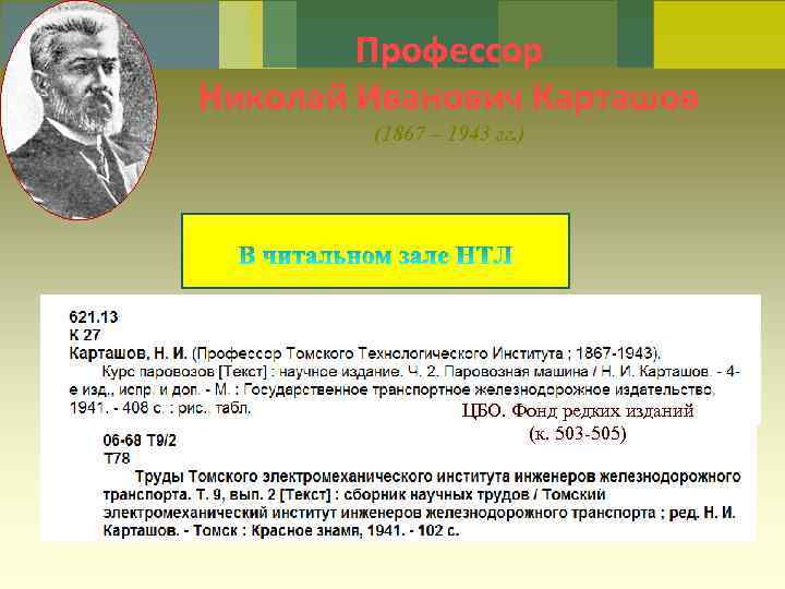 Профессор Николай Иванович Карташов (1867 – 1943 гг. ) ЦБО. Фонд редких изданий (к.