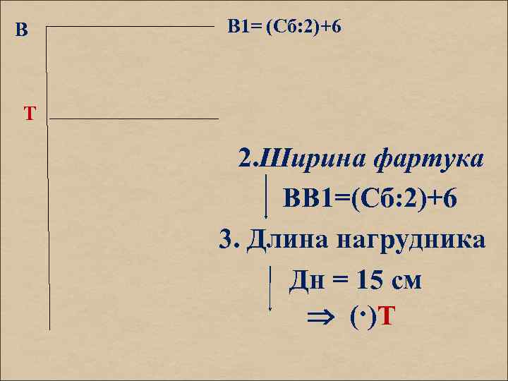 В В 1= (Сб: 2)+6 Т 2. Ширина фартука ВВ 1=(Сб: 2)+6 3. Длина