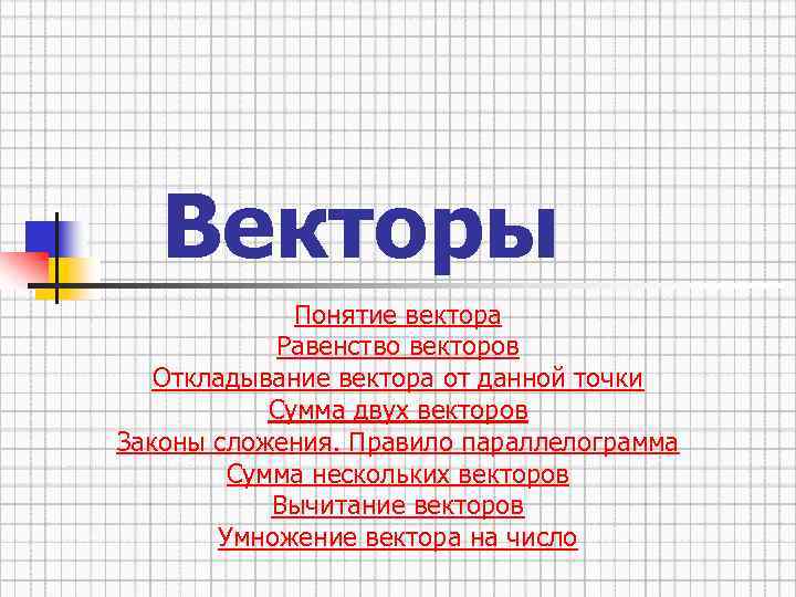 Векторы Понятие вектора Равенство векторов Откладывание вектора от данной точки Сумма двух векторов Законы