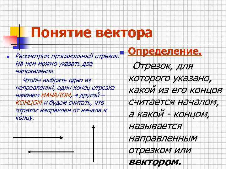 Понятие вектора n Рассмотрим произвольный отрезок. На нем можно указать два направления. Чтобы выбрать