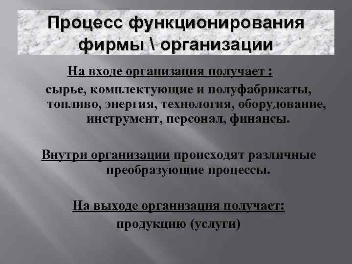 Процесс функционирования фирмы  организации На входе организация получает : сырье, комплектующие и полуфабрикаты,