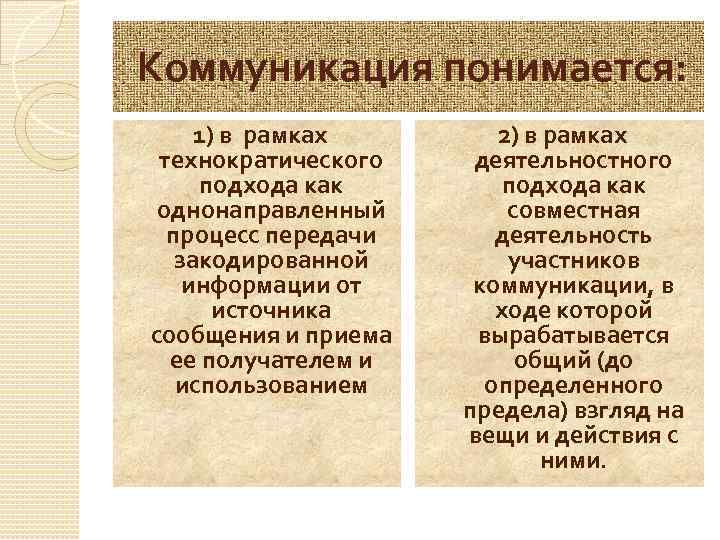 Коммуникация понимается: 1) в рамках технократического подхода как однонаправленный процесс передачи закодированной информации от