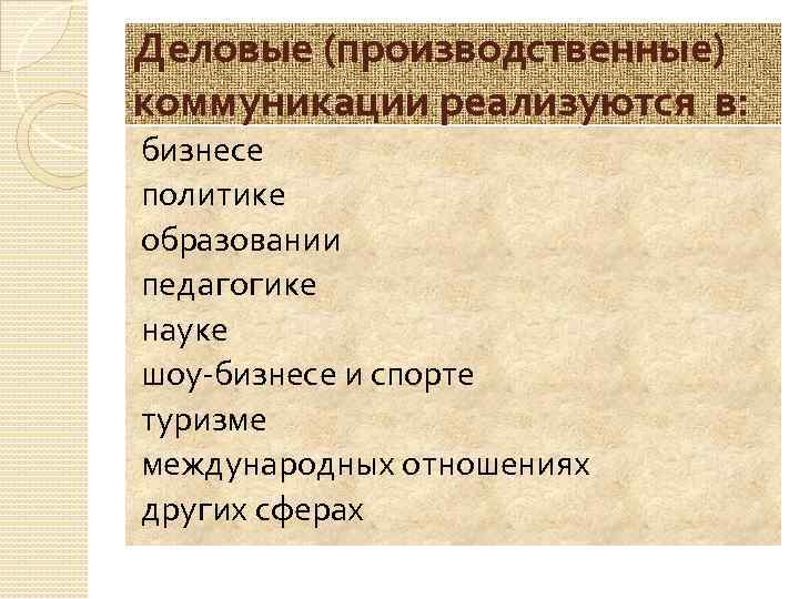 Деловые (производственные) коммуникации реализуются в: бизнесе политике образовании педагогике науке шоу-бизнесе и спорте туризме