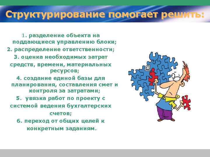Структурирование помогает решить: 1. разделение объекта на поддающиеся управлению блоки; 2. распределение ответственности; 3.
