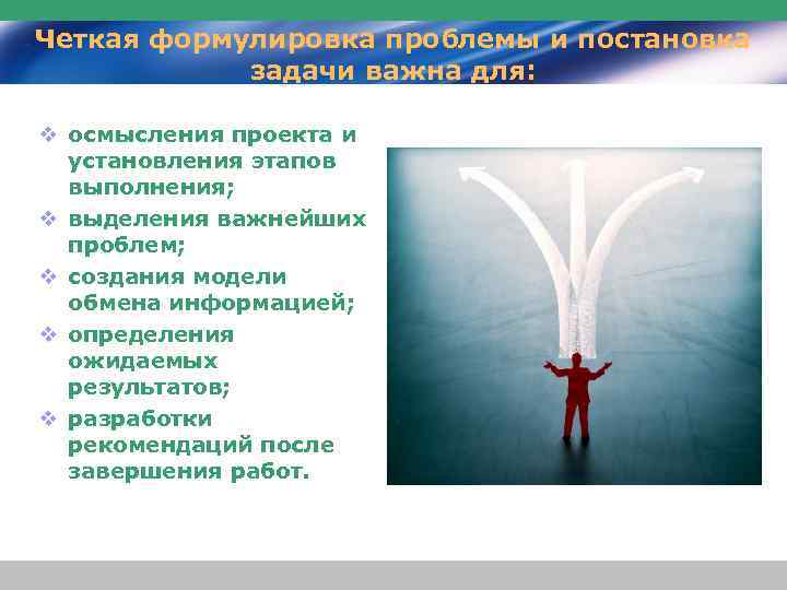 Четкая формулировка проблемы и постановка задачи важна для: v осмысления проекта и установления этапов