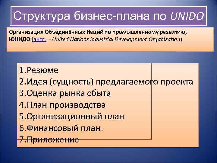 Структура бизнес-плана по UNIDO Организация Объединённых Наций по промышленному развитию, ЮНИДО (англ. - United