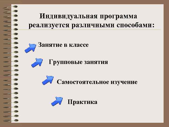 Индивидуальная программа реализуется различными способами: Занятие в классе Групповые занятия Самостоятельное изучение Практика 