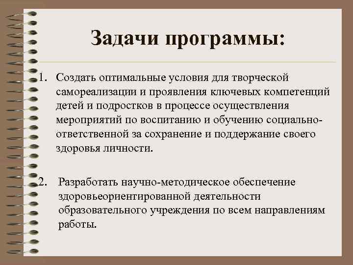 Задачи программы: 1. Создать оптимальные условия для творческой самореализации и проявления ключевых компетенций детей