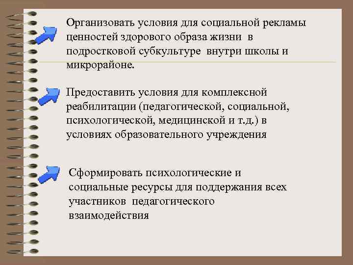 Организовать условия для социальной рекламы ценностей здорового образа жизни в подростковой субкультуре внутри школы