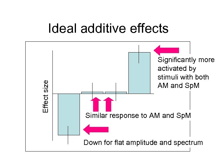 Effect size Ideal additive effects Significantly more activated by stimuli with both AM and