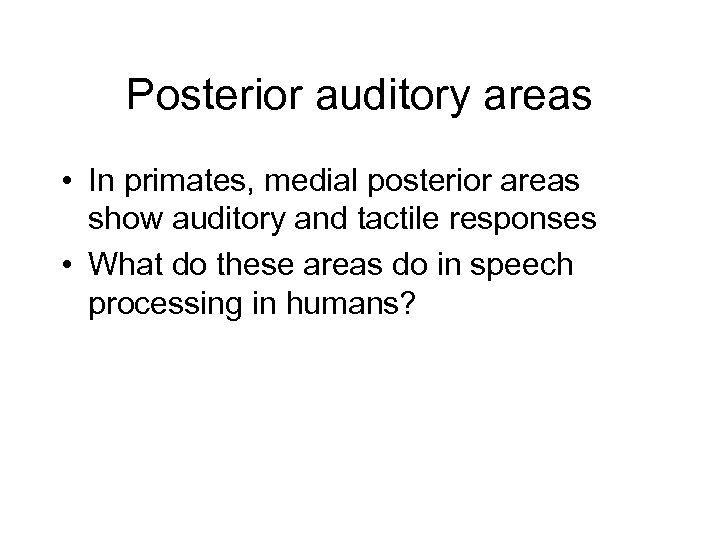 Posterior auditory areas • In primates, medial posterior areas show auditory and tactile responses