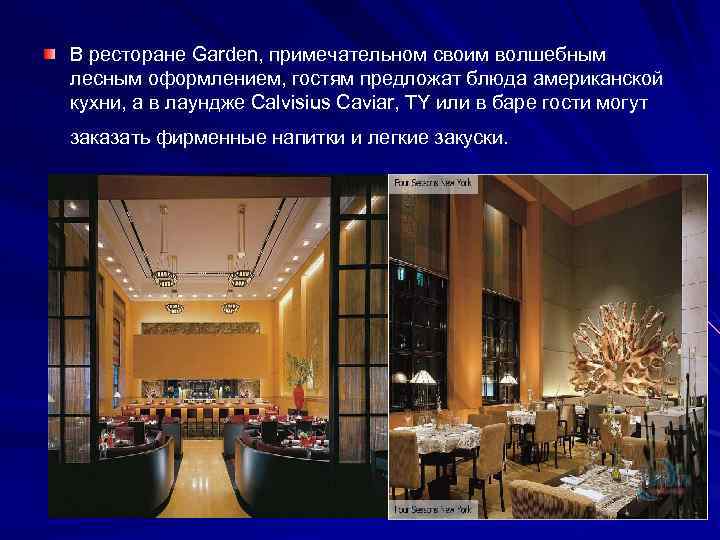 В ресторане Garden, примечательном своим волшебным лесным оформлением, гостям предложат блюда американской кухни, а