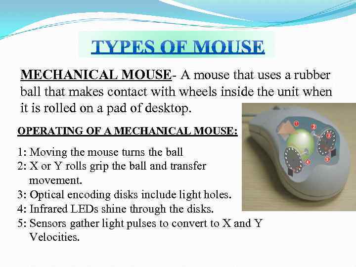 MECHANICAL MOUSE- A mouse that uses a rubber ball that makes contact with wheels