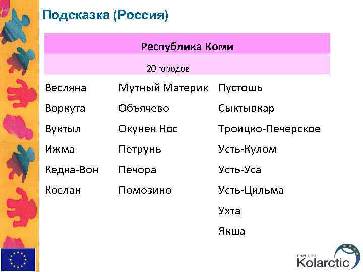 Подсказка (Россия) Республика Коми 20 городов Весляна Мутный Материк Пустошь Воркута Объячево Сыктывкар Вуктыл