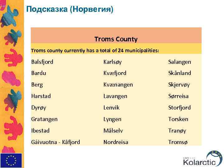Подсказка (Норвегия) Troms County Troms county currently has a total of 24 municipalities: Balsfjord