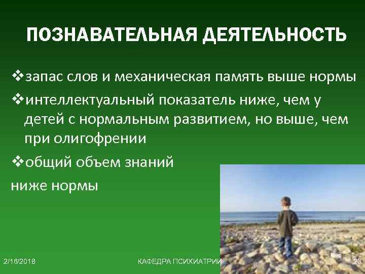 ПОЗНАВАТЕЛЬНАЯ ДЕЯТЕЛЬНОСТЬ vзапас слов и механическая память выше нормы vинтеллектуальный показатель ниже, чем у