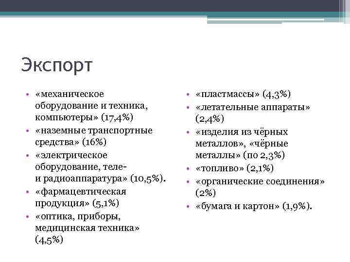 Экспорт • «механическое оборудование и техника, компьютеры» (17, 4%) • «наземные транспортные средства» (16%)