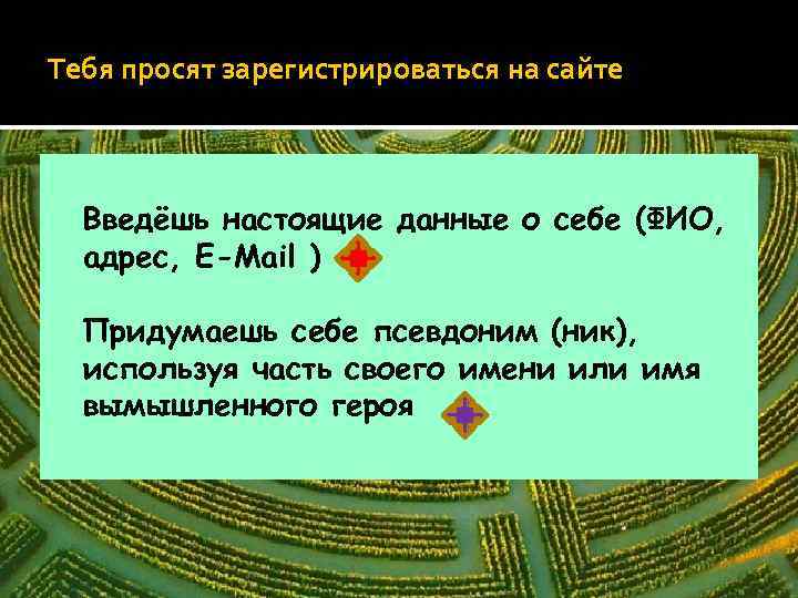 Тебя просят зарегистрироваться на сайте Введёшь настоящие данные о себе (ФИО, адрес, E-Mail )