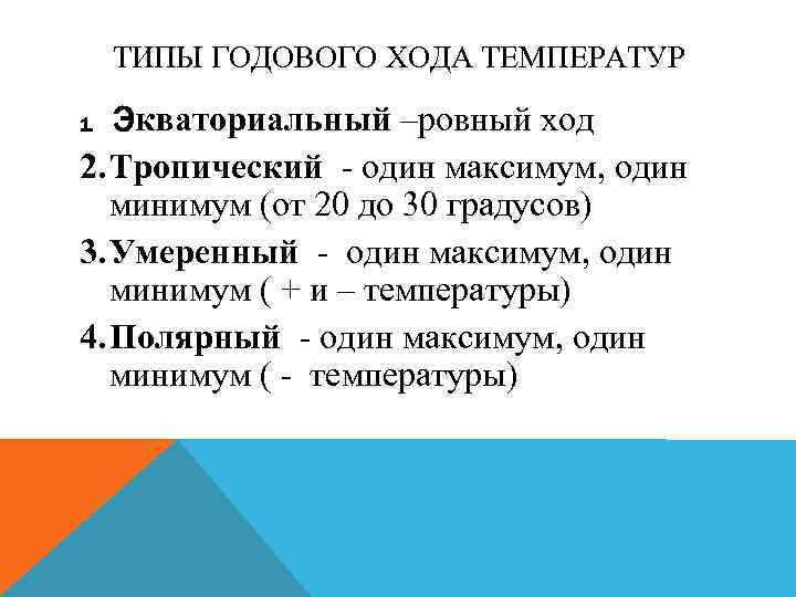 ТИПЫ ГОДОВОГО ХОДА ТЕМПЕРАТУР Экваториальный –ровный ход 2. Тропический - один максимум, один минимум