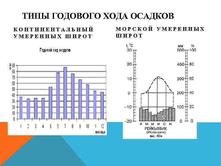 ТИПЫ ГОДОВОГО ХОДА ОСАДКОВ КОНТИНЕНТАЛЬНЫЙ УМЕРЕННЫХ ШИРОТ МОРСКОЙ УМЕРЕННЫХ ШИРОТ 