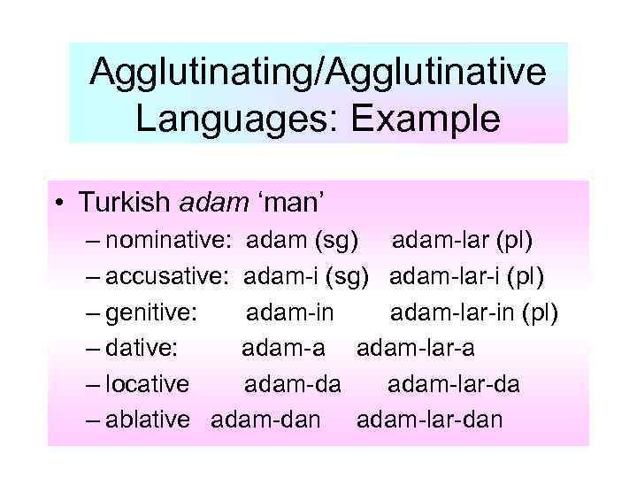 Agglutinating/Agglutinative Languages: Example • Turkish adam ‘man’ – nominative: adam (sg) adam-lar (pl) –