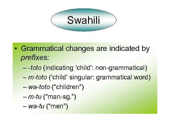 Swahili • Grammatical changes are indicated by prefixes: – -toto (indicating ‘child’: non-grammatical) –