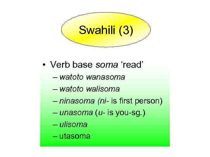 Swahili (3) • Verb base soma ‘read’ – watoto wanasoma – watoto walisoma –