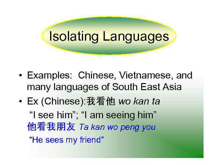 Isolating Languages • Examples: Chinese, Vietnamese, and many languages of South East Asia •