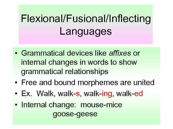 Flexional/Fusional/Inflecting Languages • Grammatical devices like affixes or internal changes in words to show