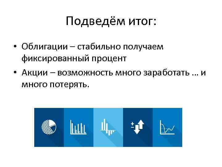 Подведём итог: • Облигации – стабильно получаем фиксированный процент • Акции – возможность много