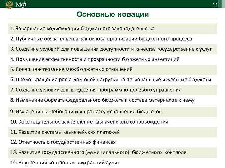 Мф] 11 Основные новации 1. Завершение кодификации бюджетного законодательства 2. Публичные обязательства как основа