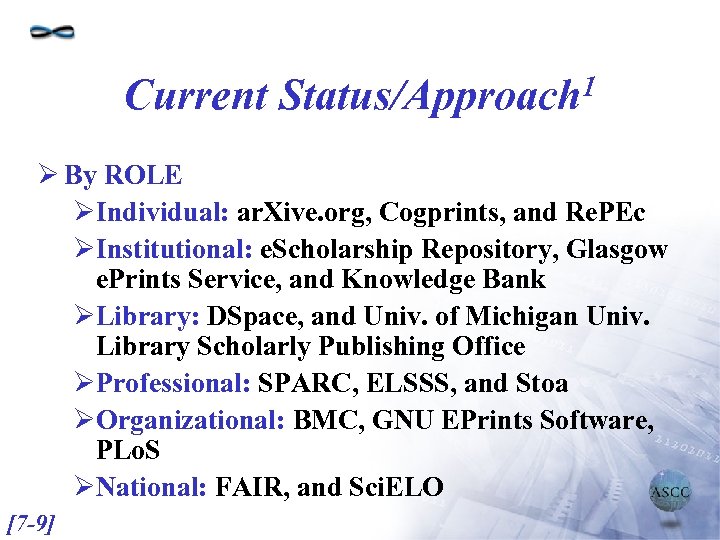 Current 1 Status/Approach Ø By ROLE ØIndividual: ar. Xive. org, Cogprints, and Re. PEc