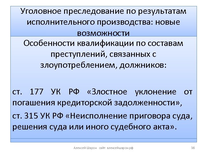 Уголовное преследование по результатам исполнительного производства: новые возможности Особенности квалификации по составам преступлений, связанных