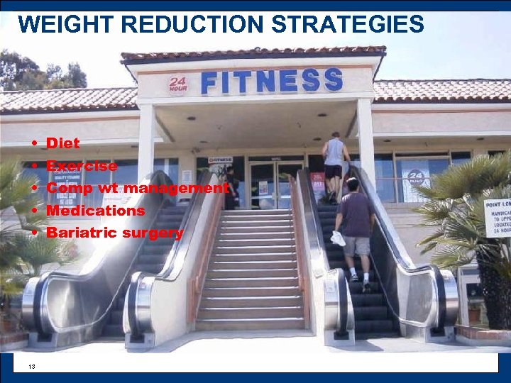 WEIGHT REDUCTION STRATEGIES • • • 13 Diet Exercise Comp wt management Medications Bariatric