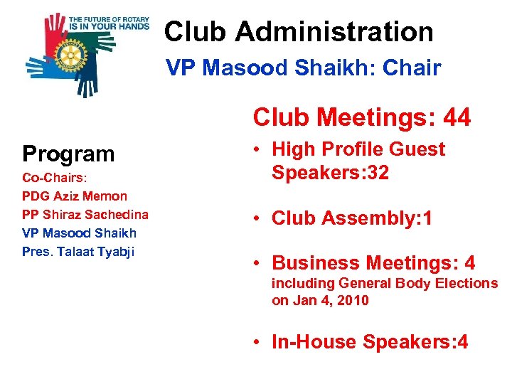 Club Administration VP Masood Shaikh: Chair Club Meetings: 44 Program Co-Chairs: PDG Aziz Memon