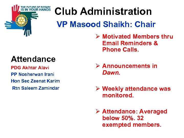  Club Administration VP Masood Shaikh: Chair Ø Motivated Members thru Email Reminders &