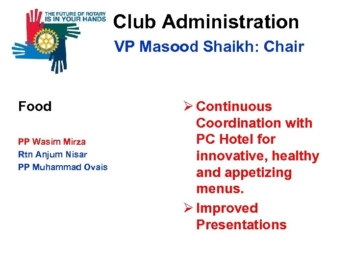  Club Administration VP Masood Shaikh: Chair Food PP Wasim Mirza Rtn Anjum Nisar