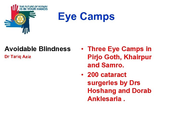 Eye Camps Avoidable Blindness Dr Tariq Aziz • Three Eye Camps in Pirjo Goth,