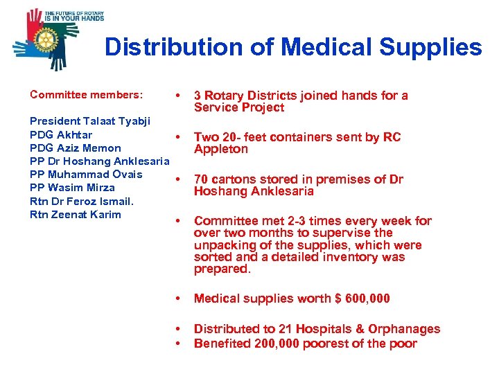  Distribution of Medical Supplies Committee members: • President Talaat Tyabji PDG Akhtar •