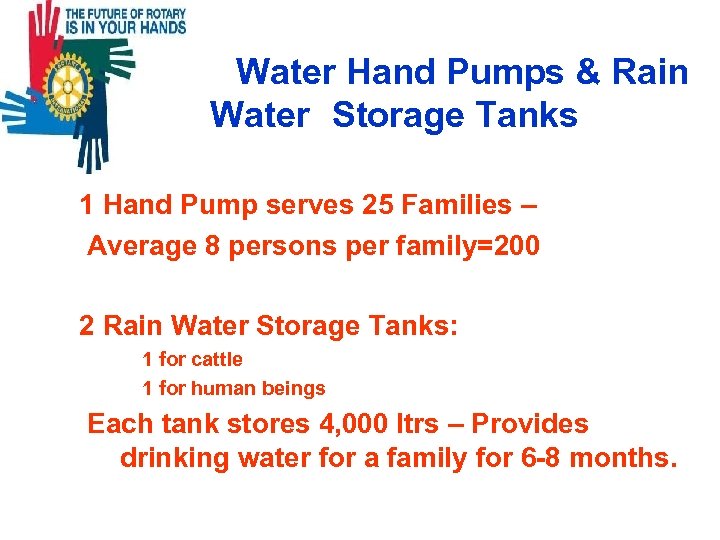Water Hand Pumps & Rain Water Storage Tanks 1 Hand Pump serves 25 Families