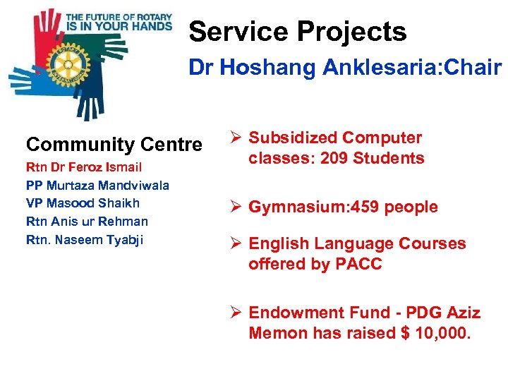  Service Projects Dr Hoshang Anklesaria: Chair Community Centre Rtn Dr Feroz Ismail PP
