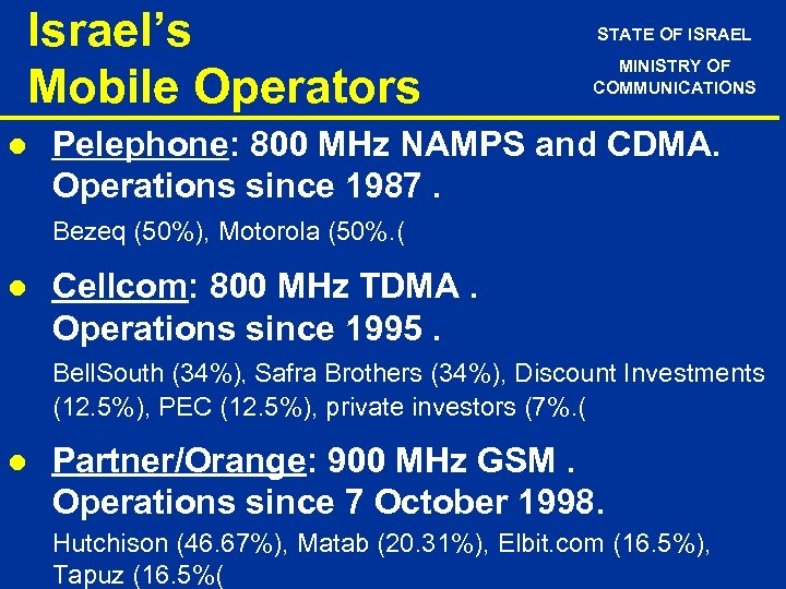 Israel’s Mobile Operators l STATE OF ISRAEL MINISTRY OF COMMUNICATIONS Pelephone: 800 MHz NAMPS
