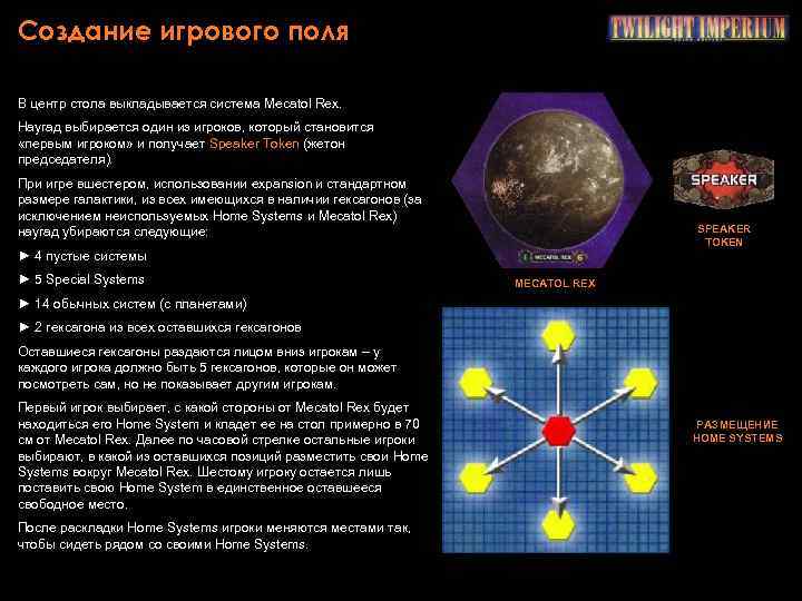 Создание игрового поля В центр стола выкладывается система Mecatol Rex. Наугад выбирается один из