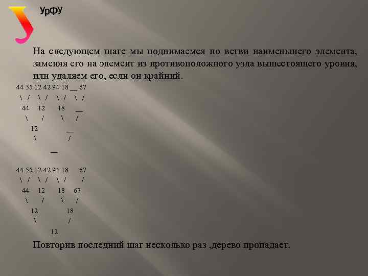 На следующем шаге мы поднимаемся по ветви наименьшего элемента, заменяя его на элемент из
