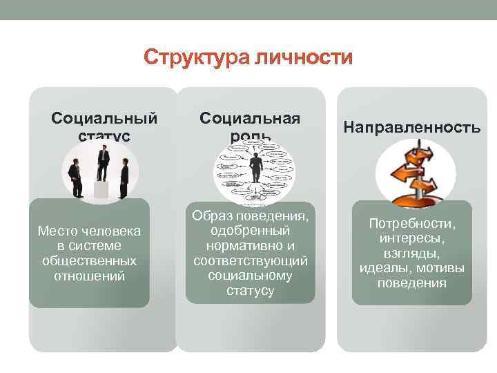 Структура личности Социальный статус Место человека в системе общественных отношений Социальная роль Направленность Образ