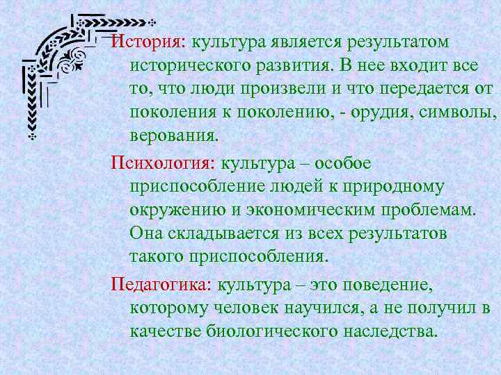 История: культура является результатом исторического развития. В нее входит все то, что люди произвели